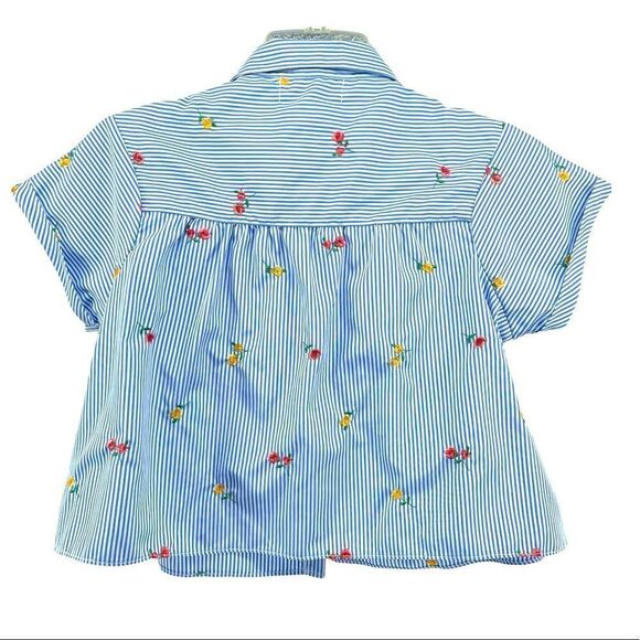 Maddie Girl’s Striped Floral Embroidered Button Front Short Sleeve Shirt XL - Picture 3 of 13